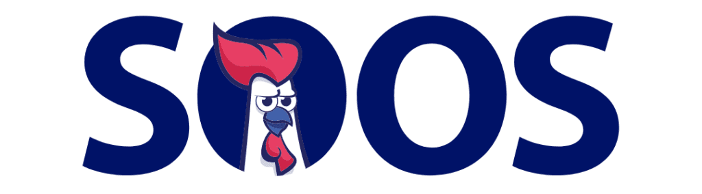 Word SOOS with rooster head in first O