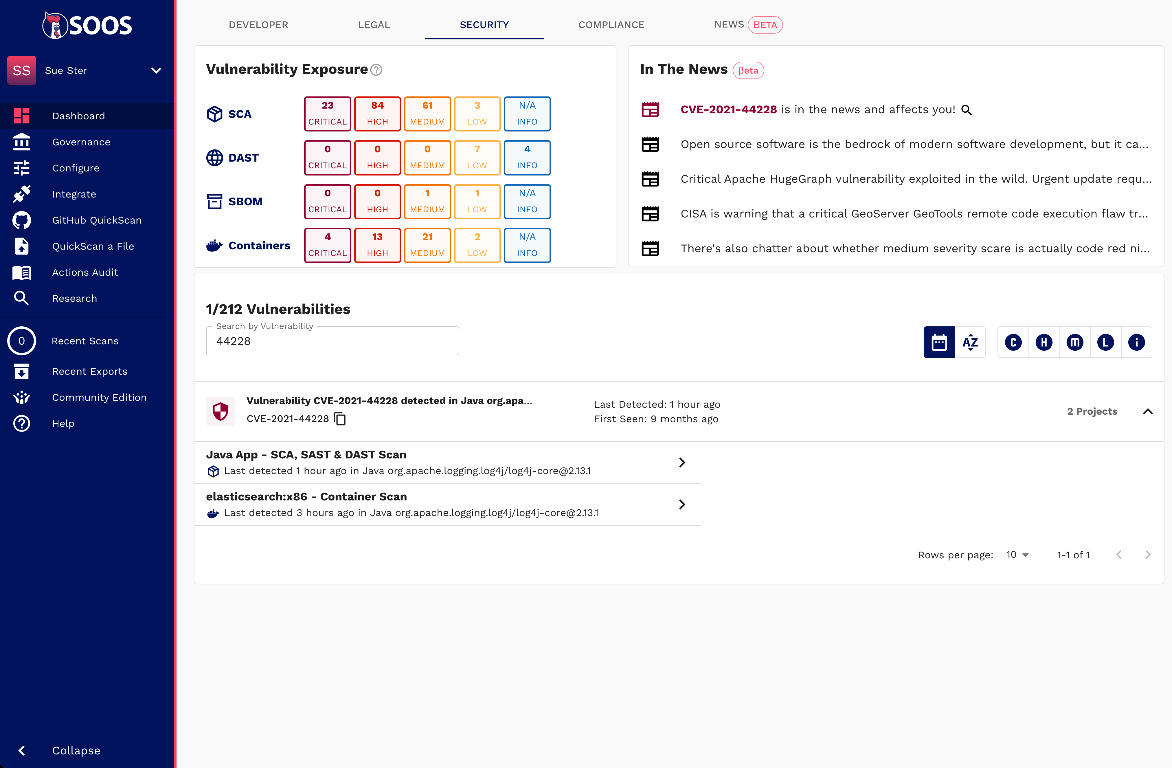 Security Dashboard with log4shell (CVE-2021-44228) Search Results A security-focused dashboard showing log4shell (CVE-2021-44228) search results and general vulnerability statistics by scan-type.