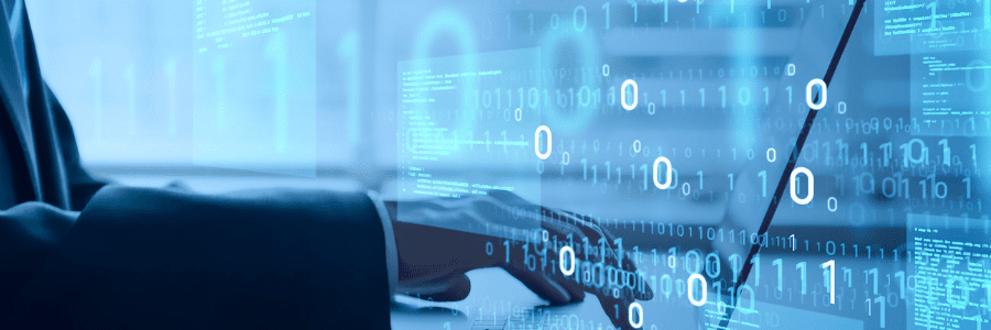 A man at a desk with futuristic floating symbols